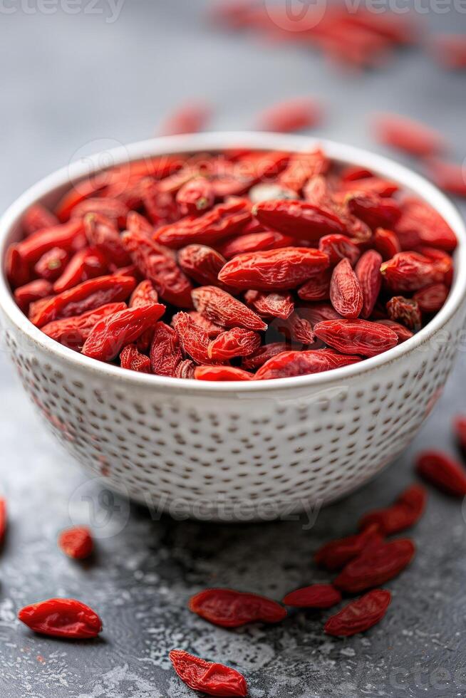 Bowl of dried goji berries emphasizing the vibrant red color and texture of the berries. photo