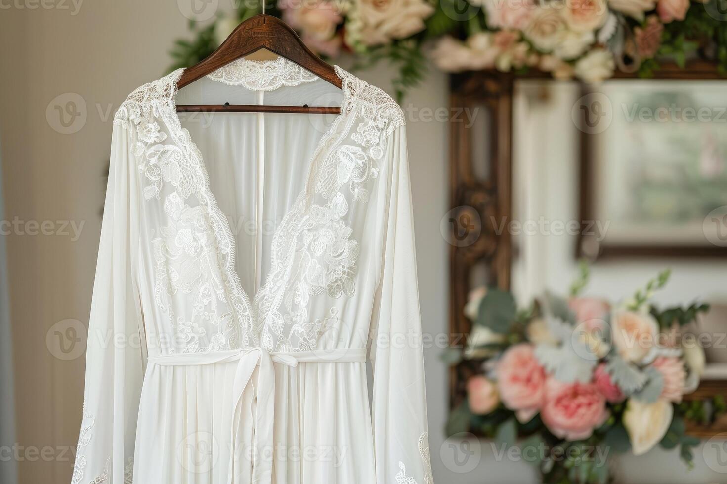 Elegant lace gown on hanger in vintage styled bedroom. photo