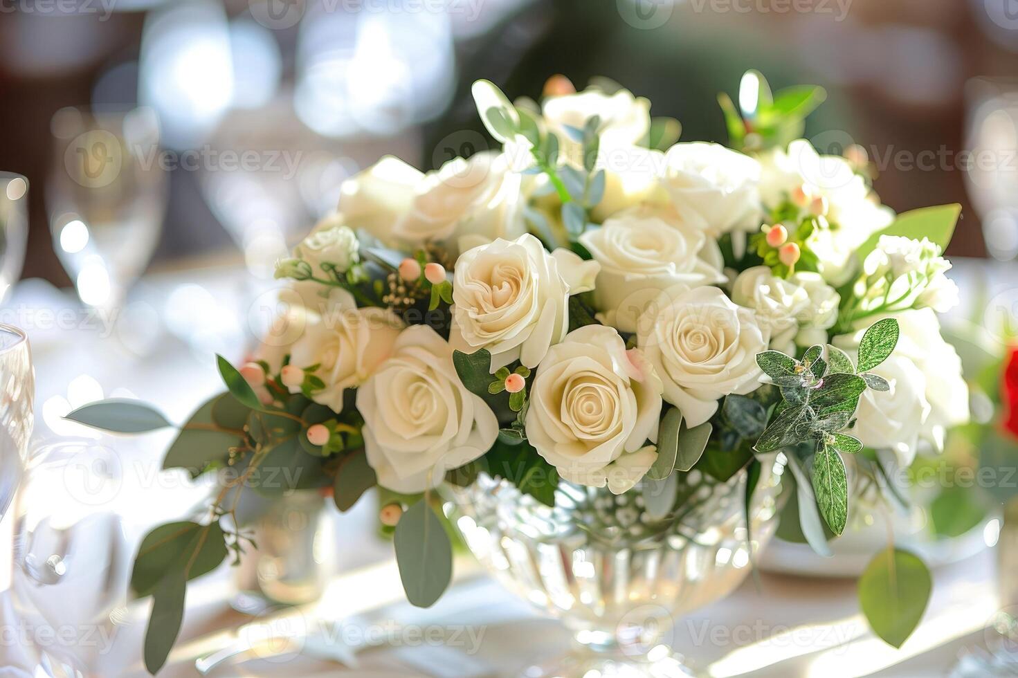 Elegant white roses in a glass vase photo