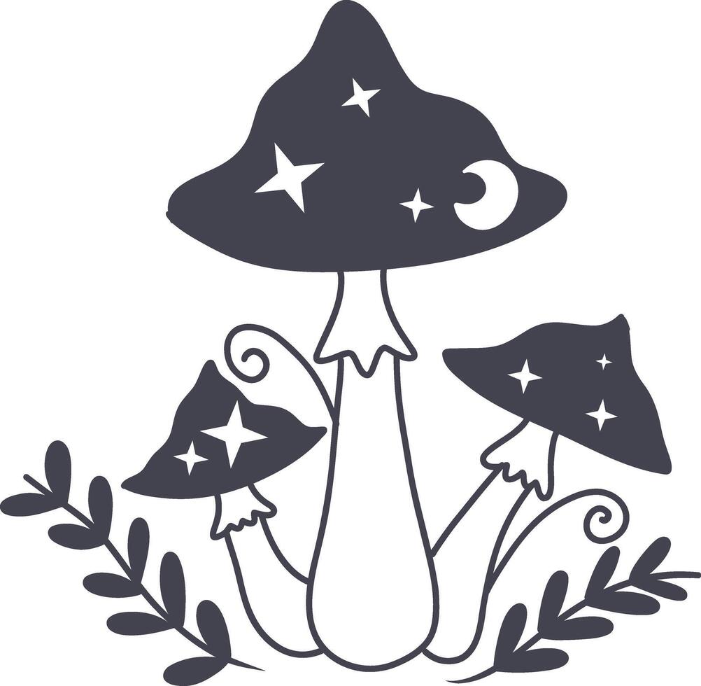 Celestial Magic Mushroom in Minimalist Doodle Style. Mystical Bohemian Mushroom. vector