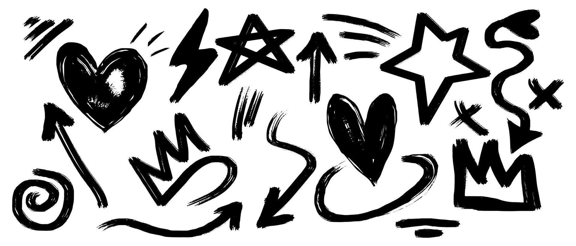 Hand drawn set of doodle emphasis design elements. Crown, love, arrow. curly swishes, swoops, swirl, arrow, heart, star, thunder. used for infographic concept design vector