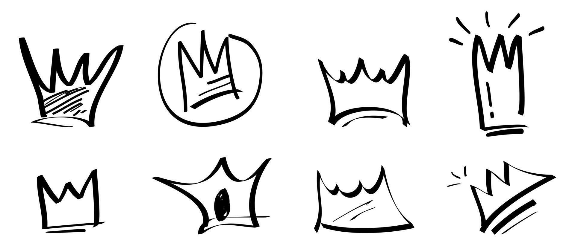 collection of Doodle crown sign in black over white. hand drawn king crown symbol. isolated on white background vector
