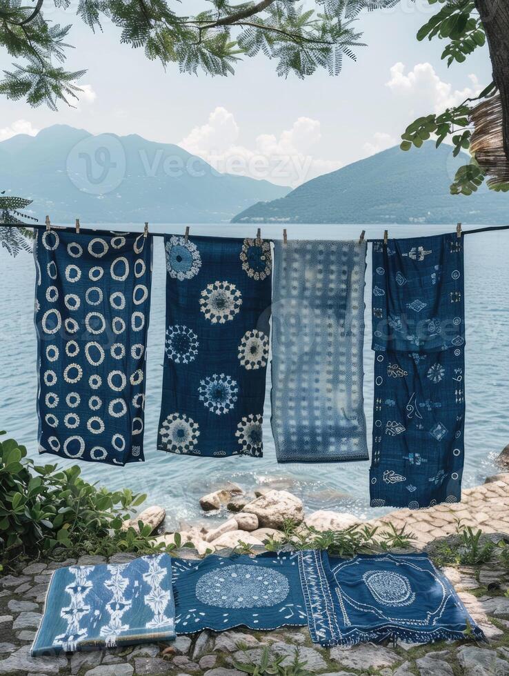 Beautifully patterned blue fabrics hanging on a clothesline under a tree, set against a peaceful mountain backdrop near the sea. photo