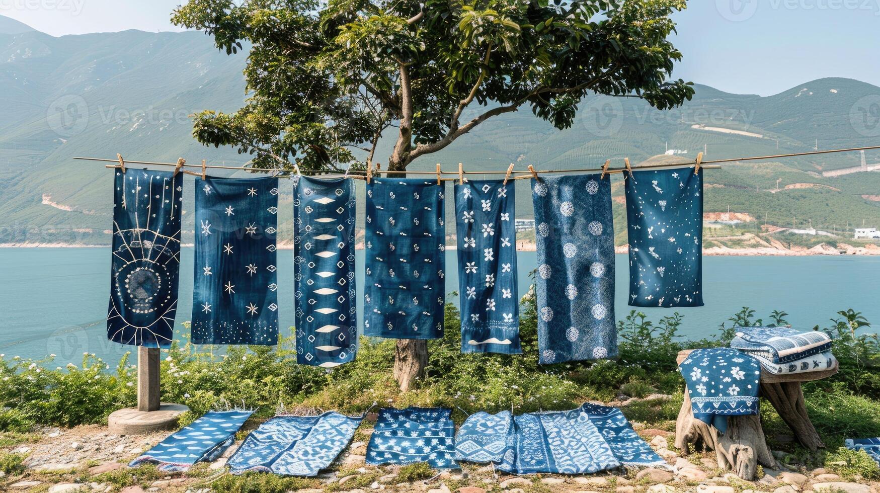 Beautifully patterned blue fabrics hanging on a clothesline under a tree, set against a peaceful mountain backdrop near the sea. photo
