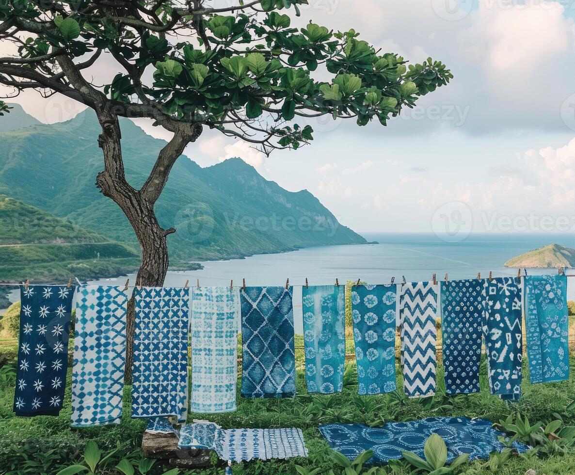 Beautifully patterned blue fabrics hanging on a clothesline under a tree, set against a peaceful mountain backdrop near the sea. photo