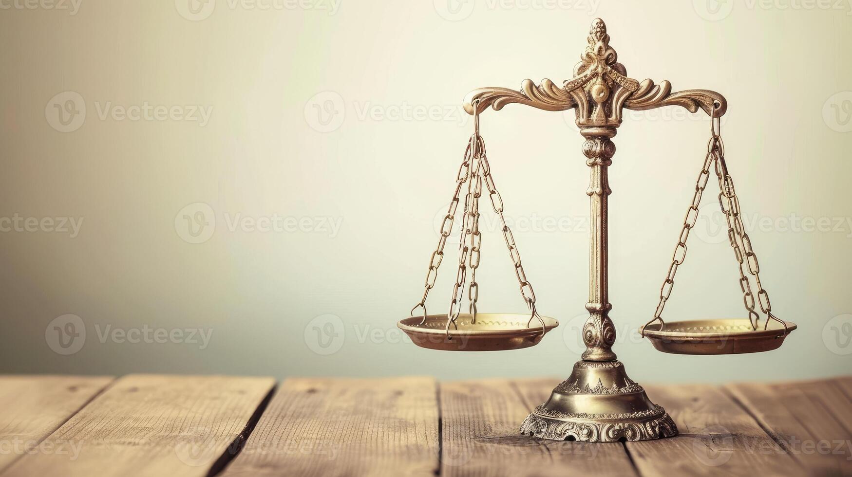Elegant bronze scales of justice on wooden surface. photo