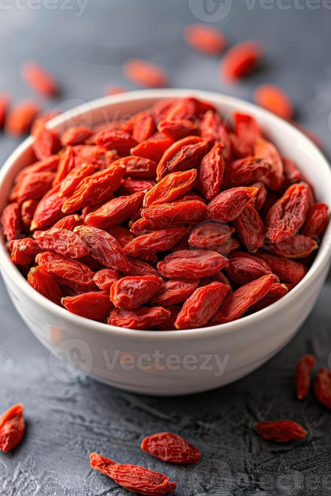 Bowl of dried goji berries emphasizing the vibrant red color and texture of the berries. photo