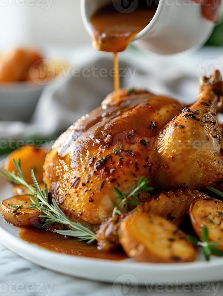 Whole roasted chicken garnished with fresh herbs, sitting on a white ceramic plate, showcasing a delicious and appealing meal ready to be enjoyed. photo