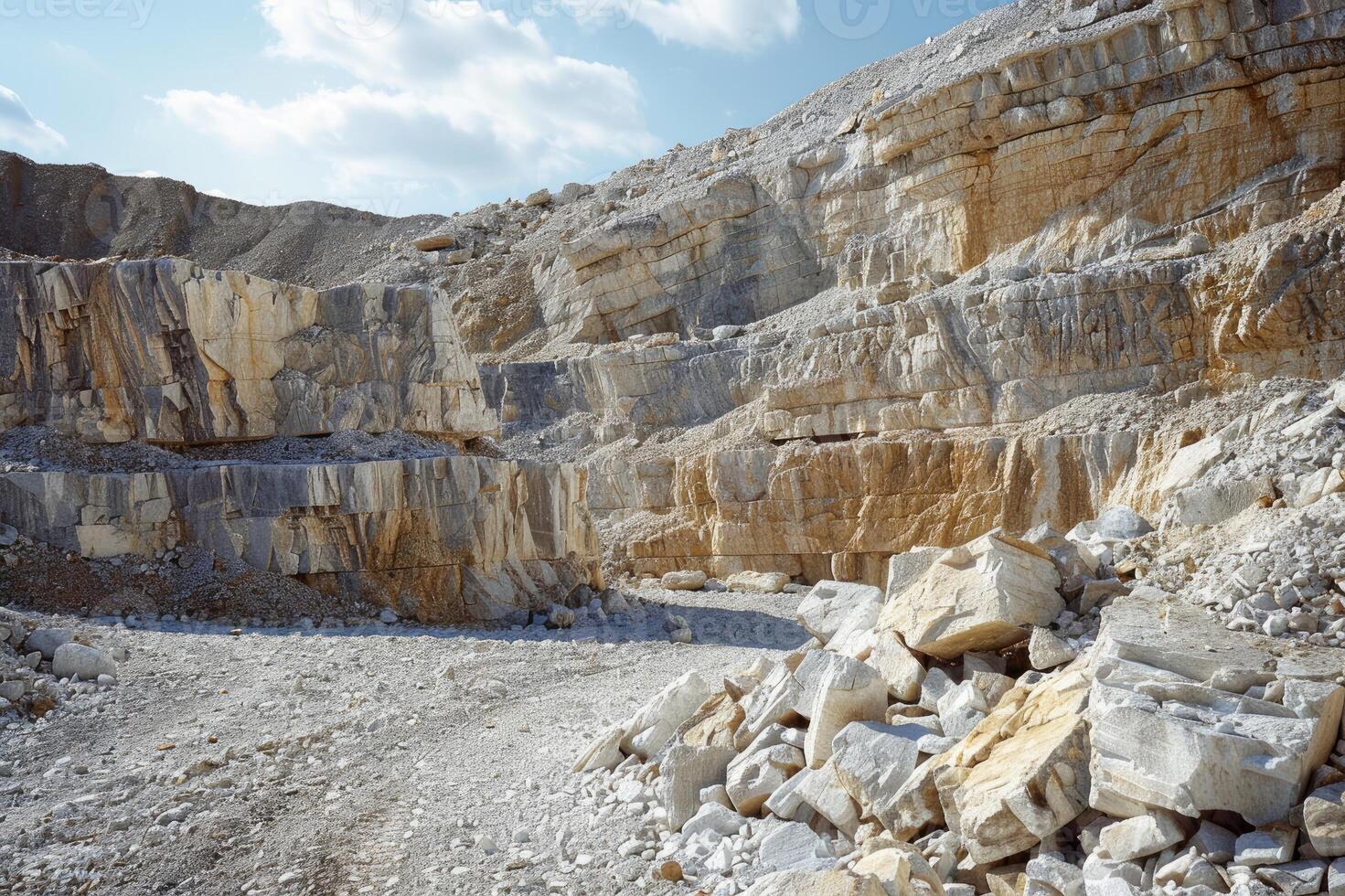A vast quarry with rugged rock formations photo