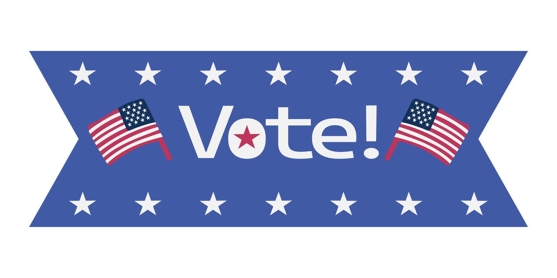 Vote sticker with USA flags and white stars on blue background in ribbon shape. Vote icon, sticker, badge or sign. Voting, presidential campaign concept. American election design element vector