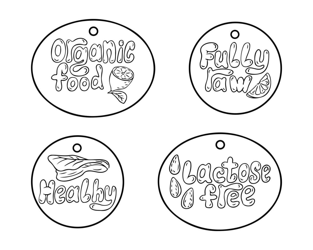 Group of hand drawn outline groovy lettering for vegan or vegetarian healthy eating labels in round and ellipse shape. Outline doodle vegetables isolated on white background. Good for logo or labe vector
