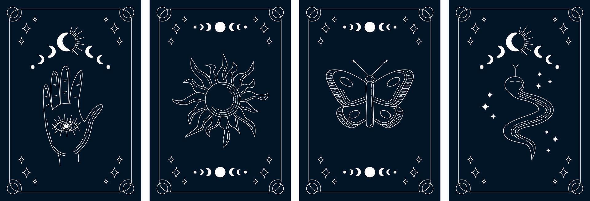 Tarot cards dark theme set with white line art vector