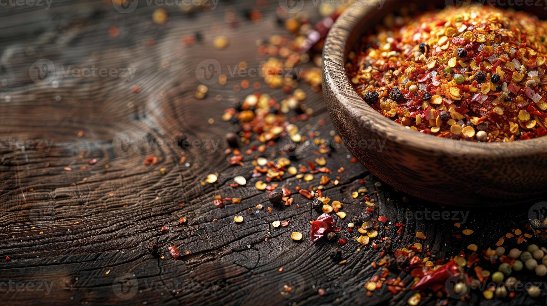 A variety of red chili peppers on rustic wooden table. photo