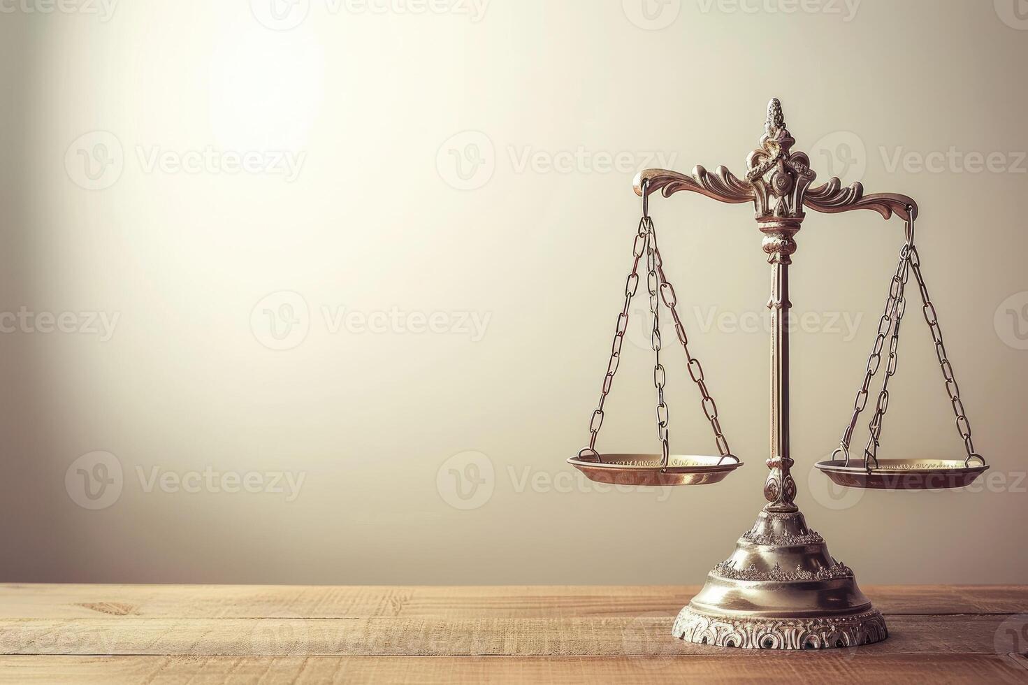 Elegant bronze scales of justice on wooden surface. photo