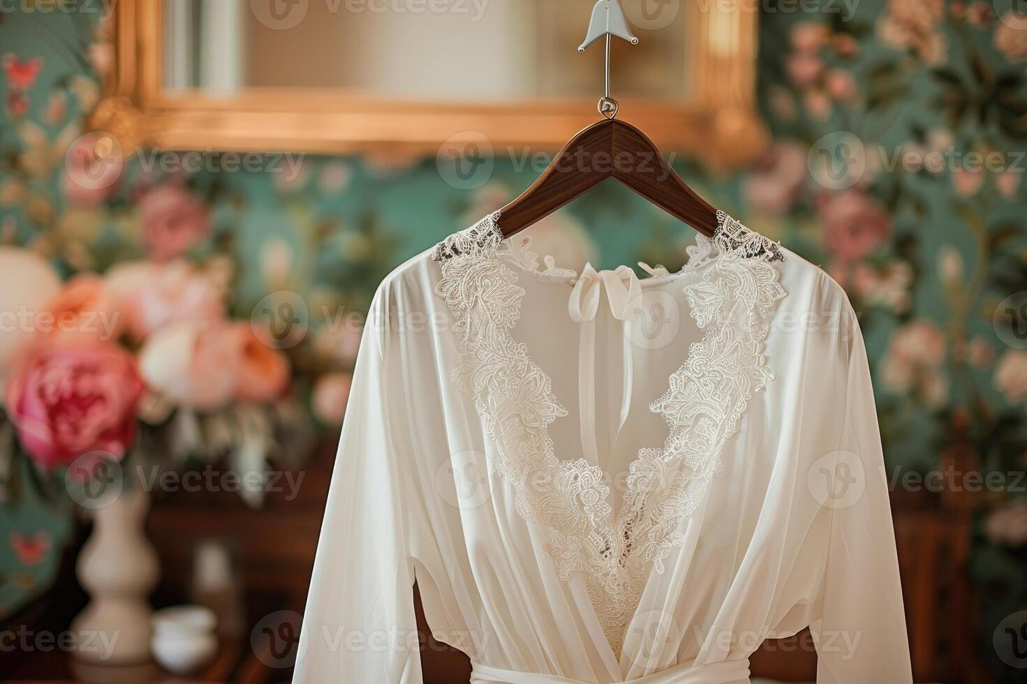 Elegant lace gown on hanger in vintage styled bedroom. photo