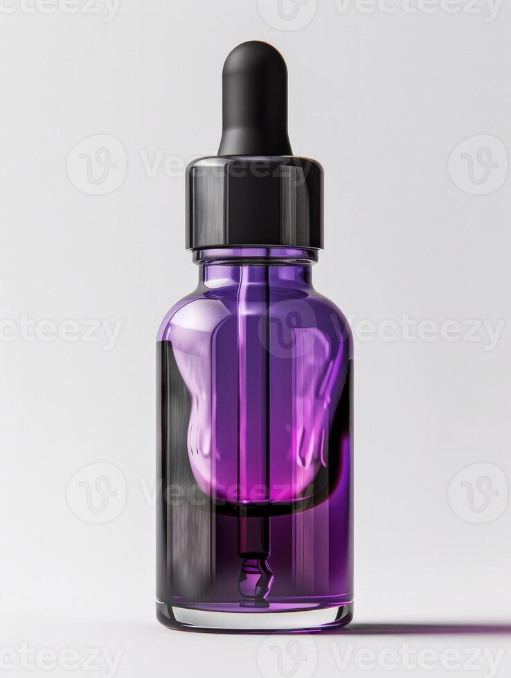 Purple skincare serum in transparent glass bottle photo