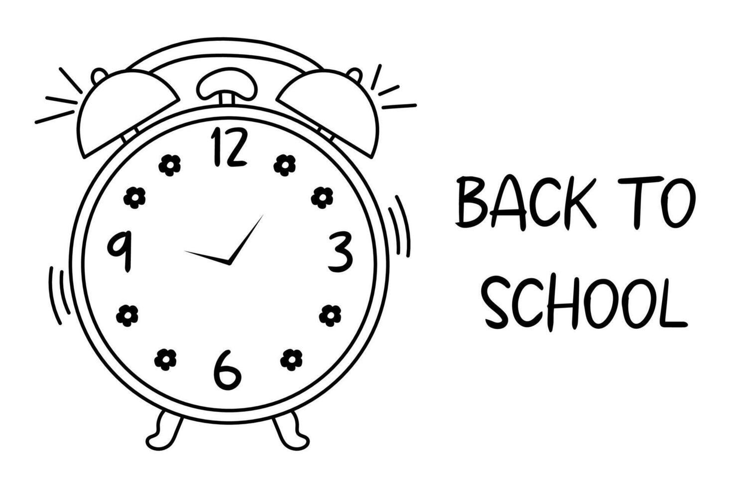 Hand drawn classic ringing alarm clock line art, Retro alarm clock black and white. Back to school vector