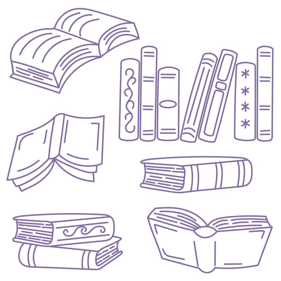 Set of sketches of book outlines. Back to school. Symbols of lines of bookstore, library. A bunch of silhouettes of books. Hand drawn scribbles of books Library, bookstore icons. vector