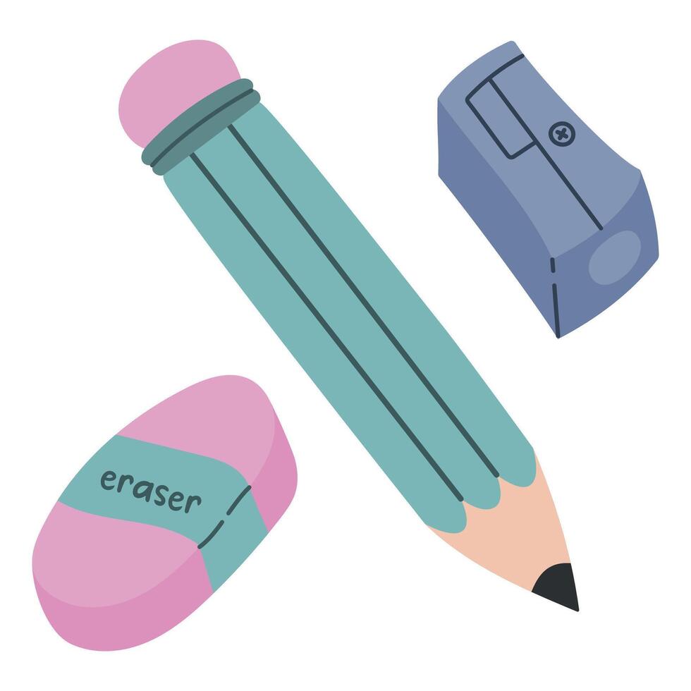 Set of pencil, rubber band, sharpener. Graphic element for office and school. Back to school. Trendy modern illustration, isolated on white, hand drawn vector