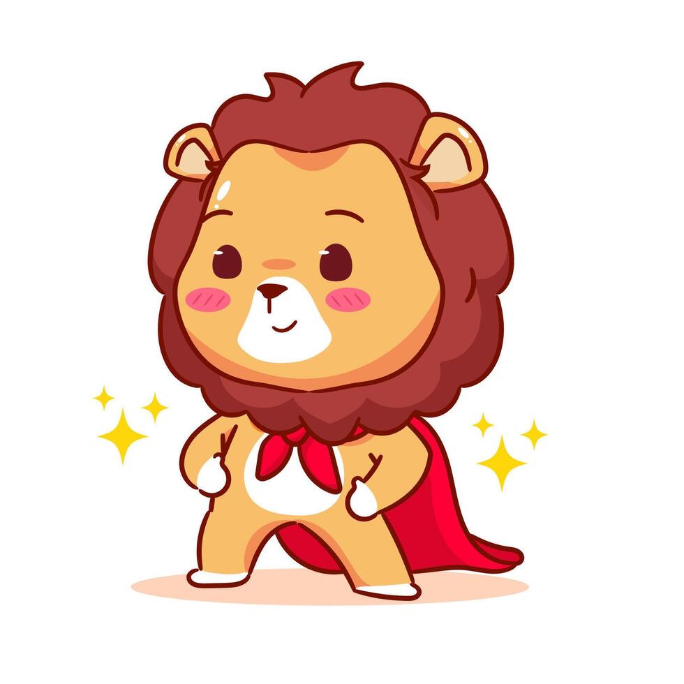 Cute Lion Super Hero with Cloak Cartoon Character. Adorable and Kawaii Animal Icon Mascot Concept Design. Logo Illustration. Isolated White Background. vector