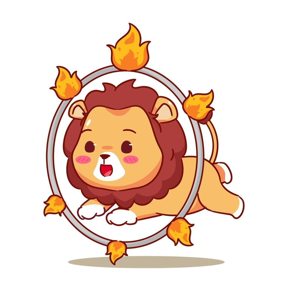 Cute Lion Jumping Ring Fire Circus Cartoon Character. Adorable and Kawaii Animal Icon Mascot Concept Design. Logo Illustration. Isolated White Background. vector