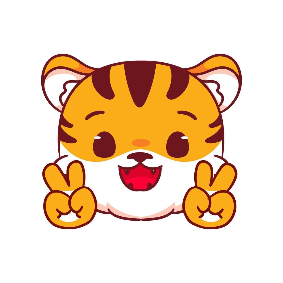 Cute Tiger Poses Peace Hand Sign Gesture Cartoon Character