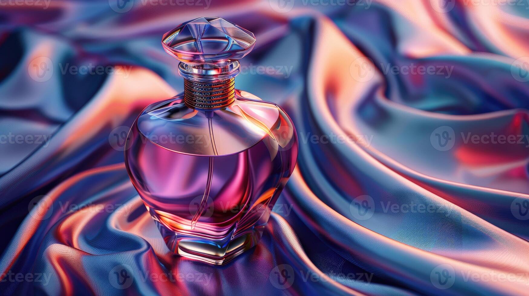Elegant perfume bottle on luxurious silky fabric photo