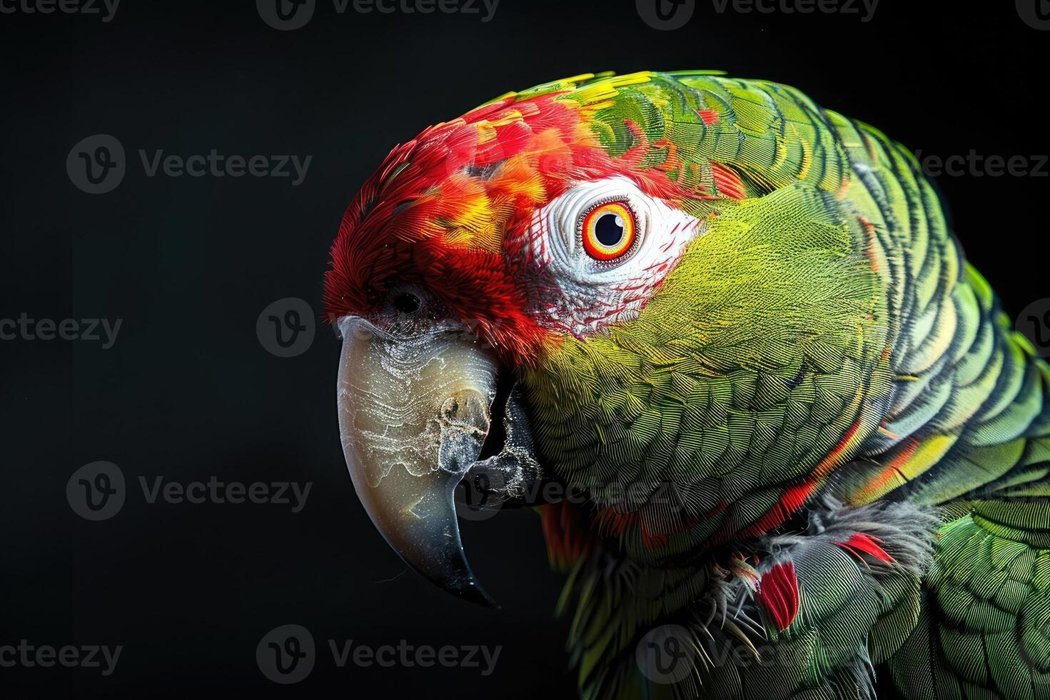 Parrot with colorful feathers in profile view against black background. photo