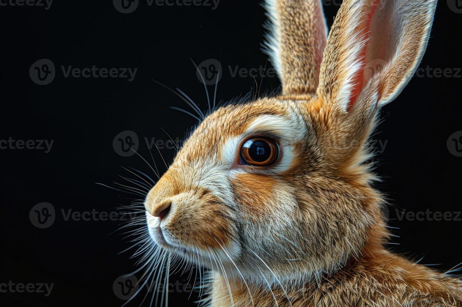 Close-up of a rabbit with a black background. photo