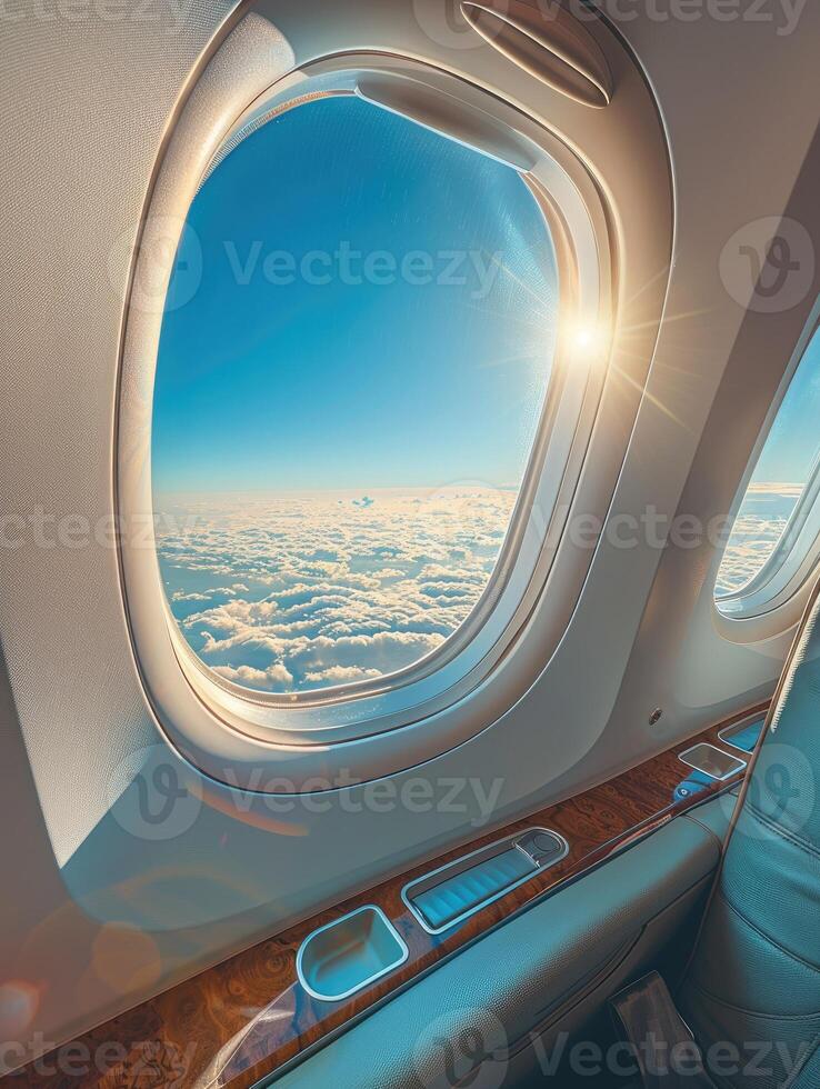 Sunlit airplane window view of sky and clouds scene. photo