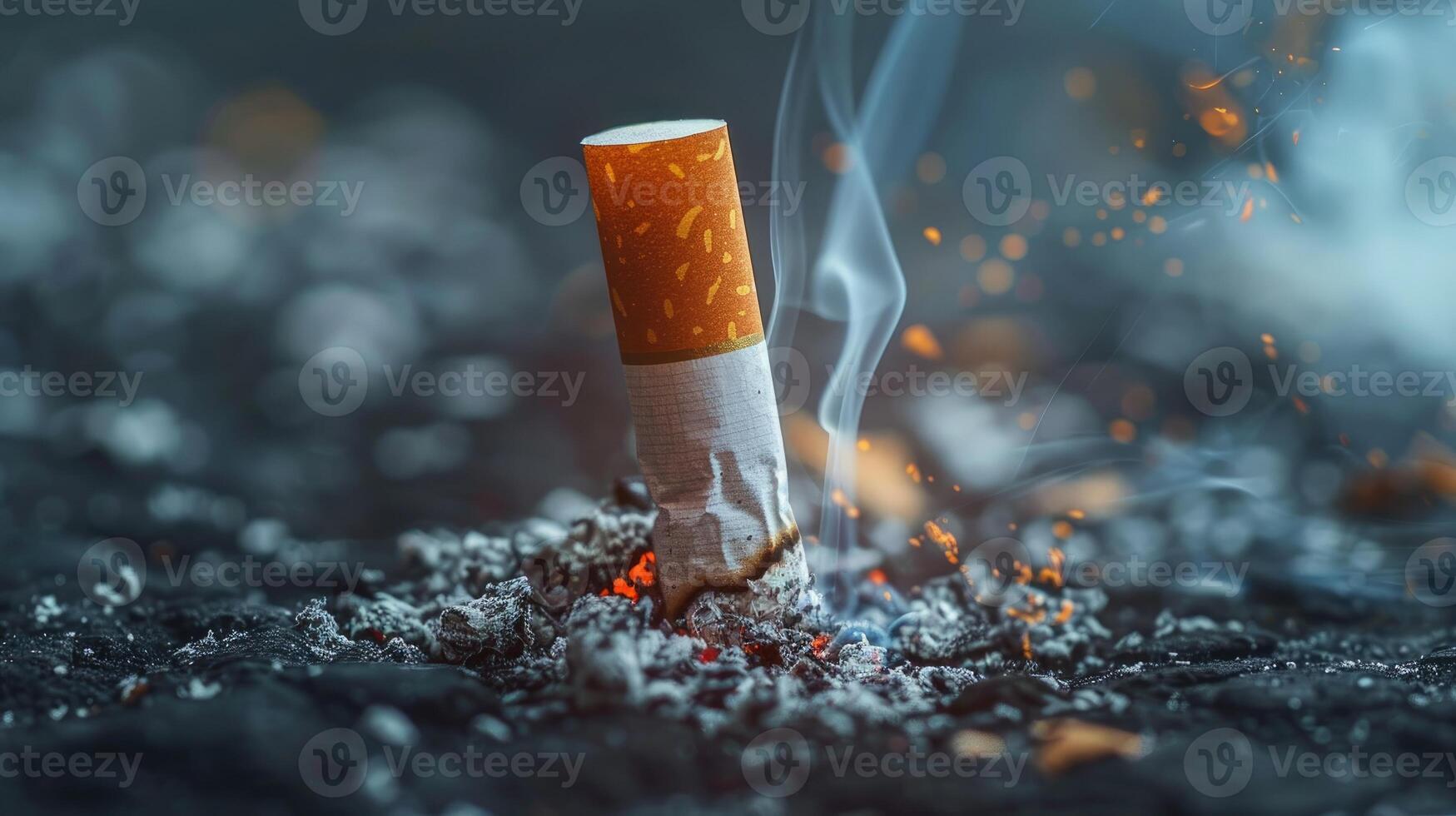 Extinguished cigarette with glowing ash and smoke rising. photo