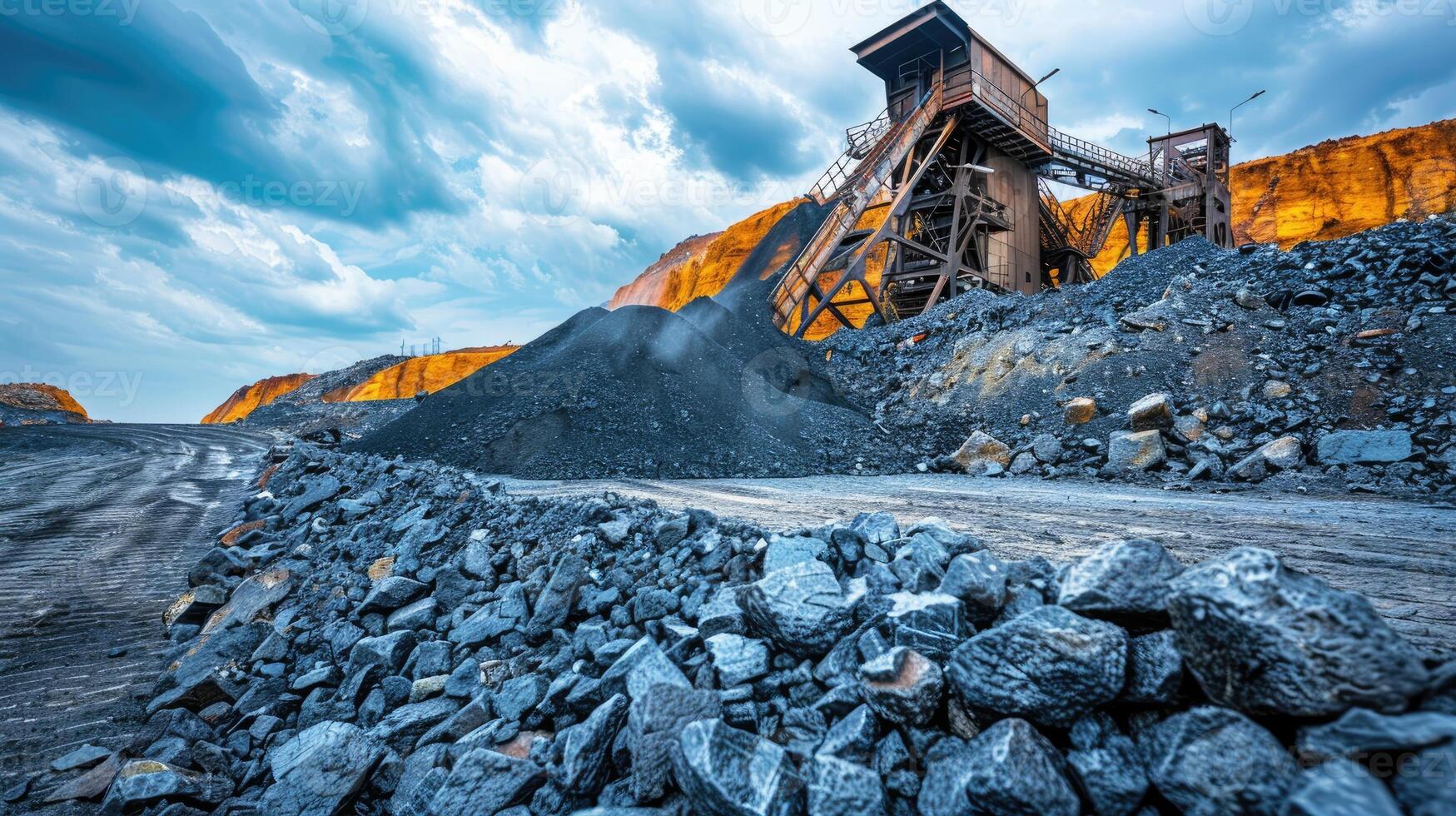 Machinery and infrastructure are visible, showcasing the industrial activity and scale of the coal mining operation. photo