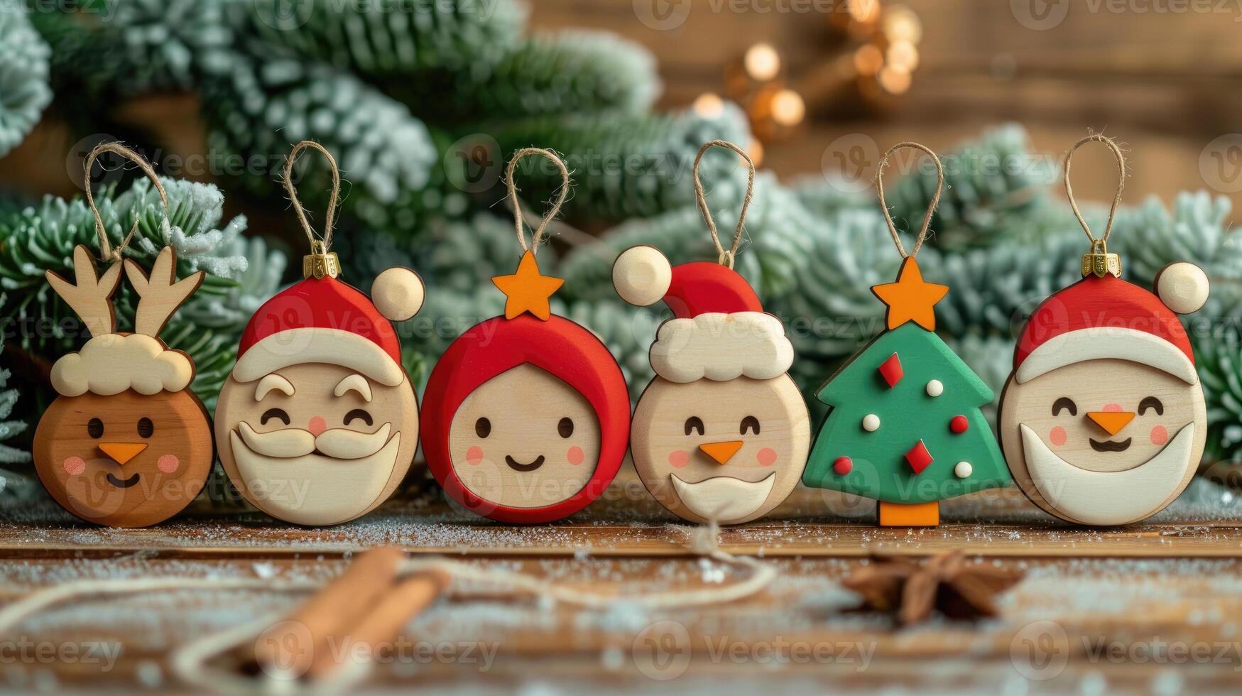 Beautiful Christmas ornaments made of wood. Perfect for holiday decoration. photo