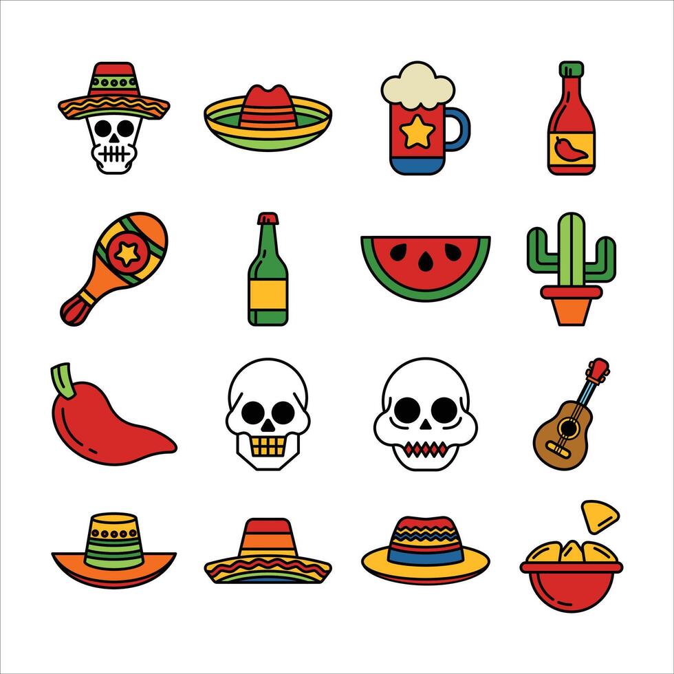 mexican elements flat icon set vector