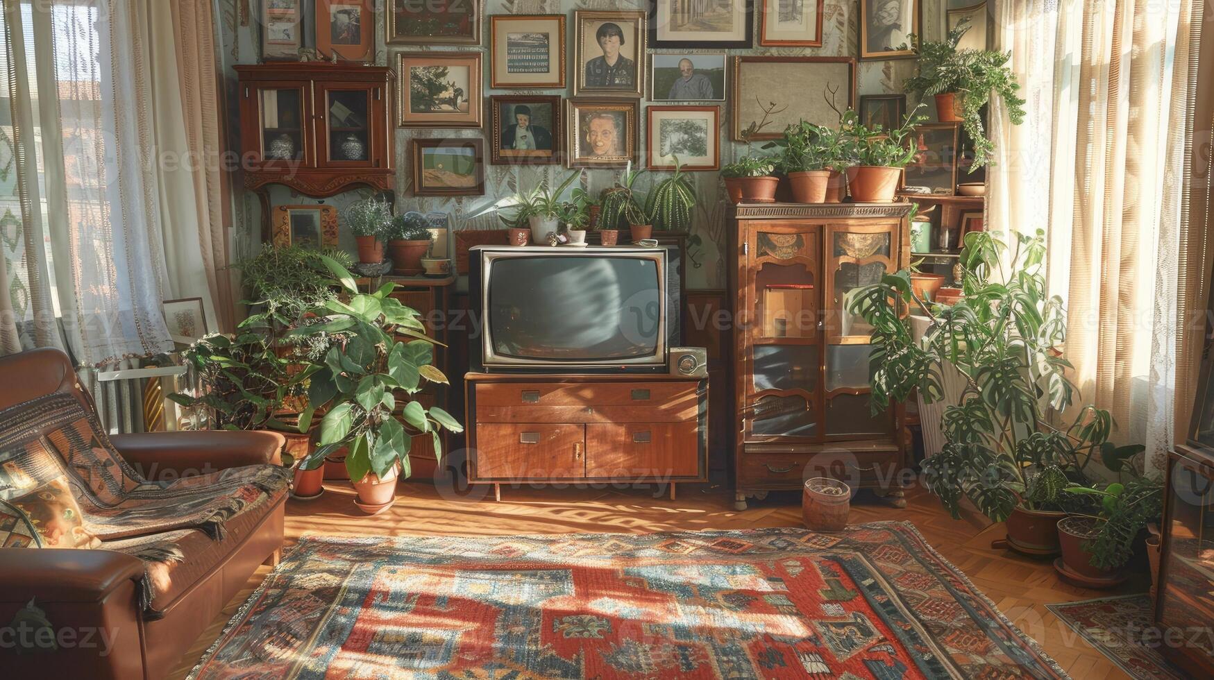 A cozy vintage living room filled with plants, classic TVs, vibrant curtains, a patterned rug, and a comfortable sofa, reflecting a nostalgic ambiance. photo