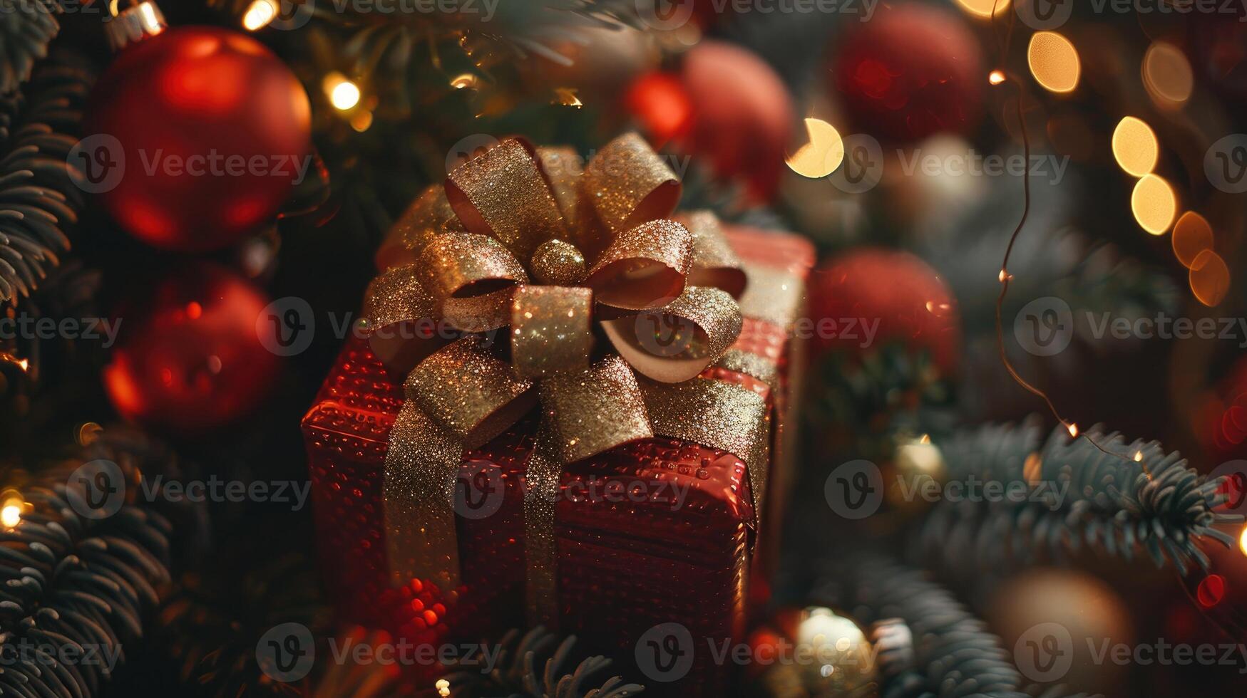 Beautifully wrapped gift box under festive Christmas tree photo