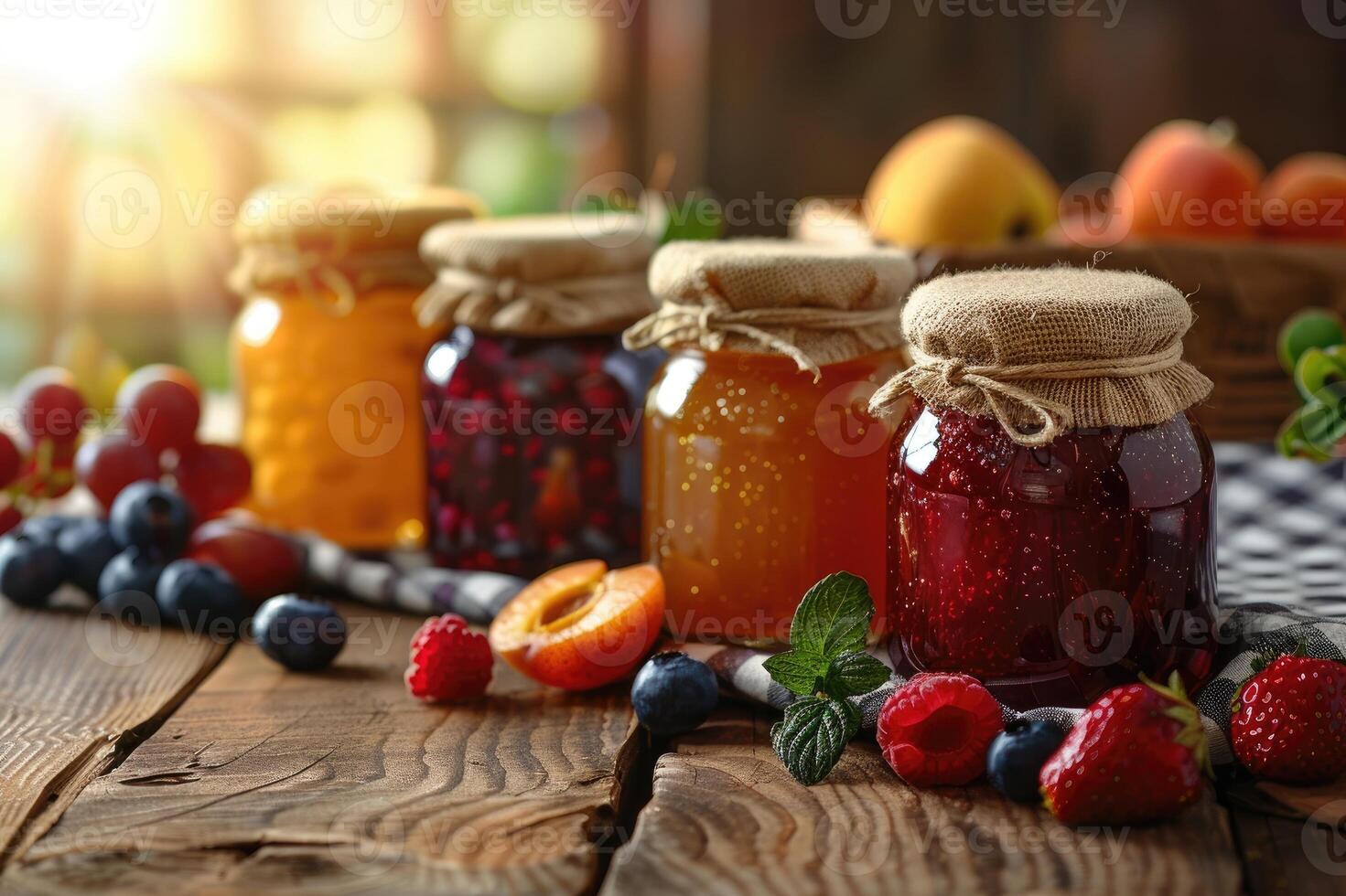Homemade jams in jars with fruits photo