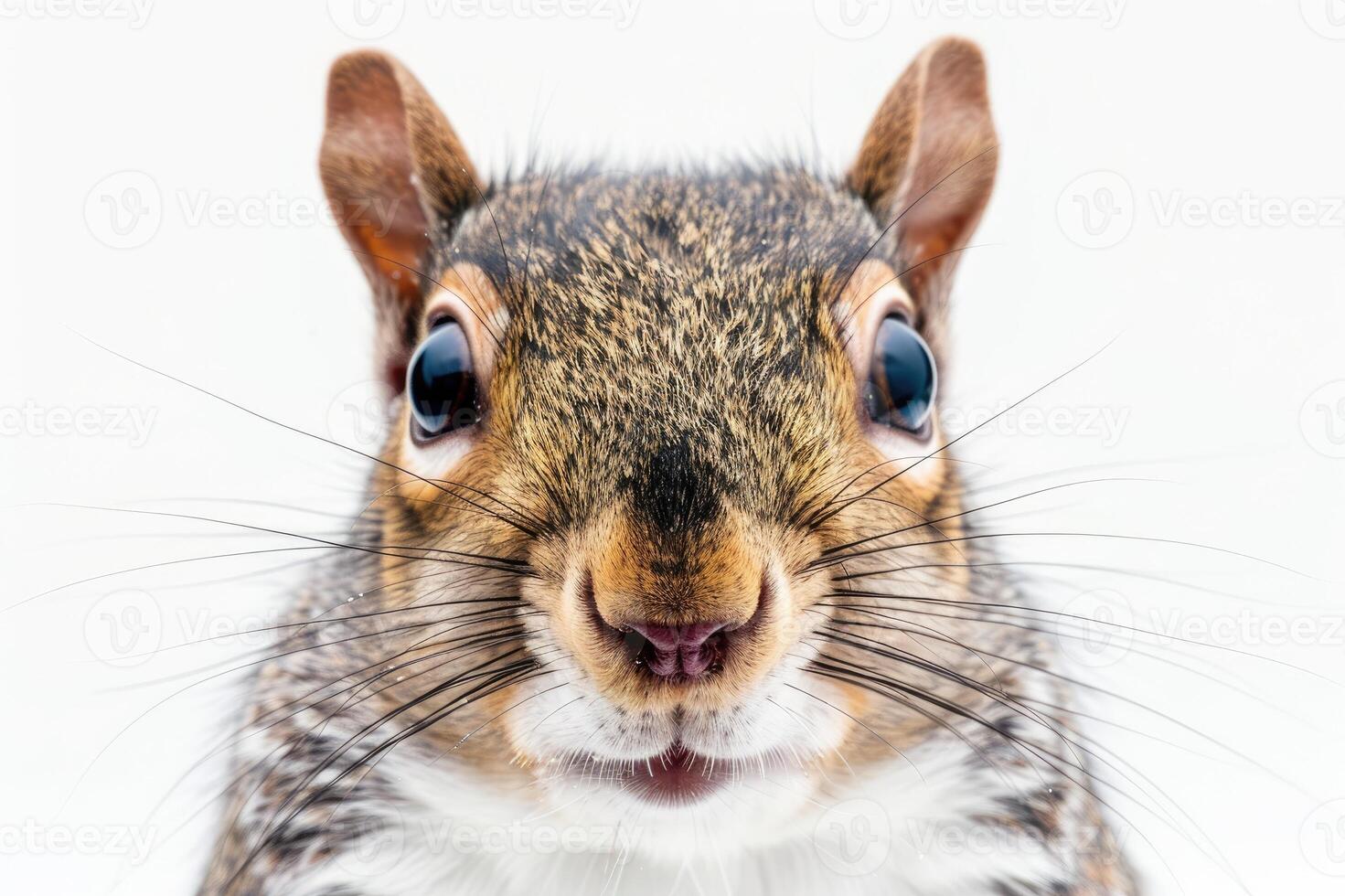 Close-up of squirrel's face with white background photo
