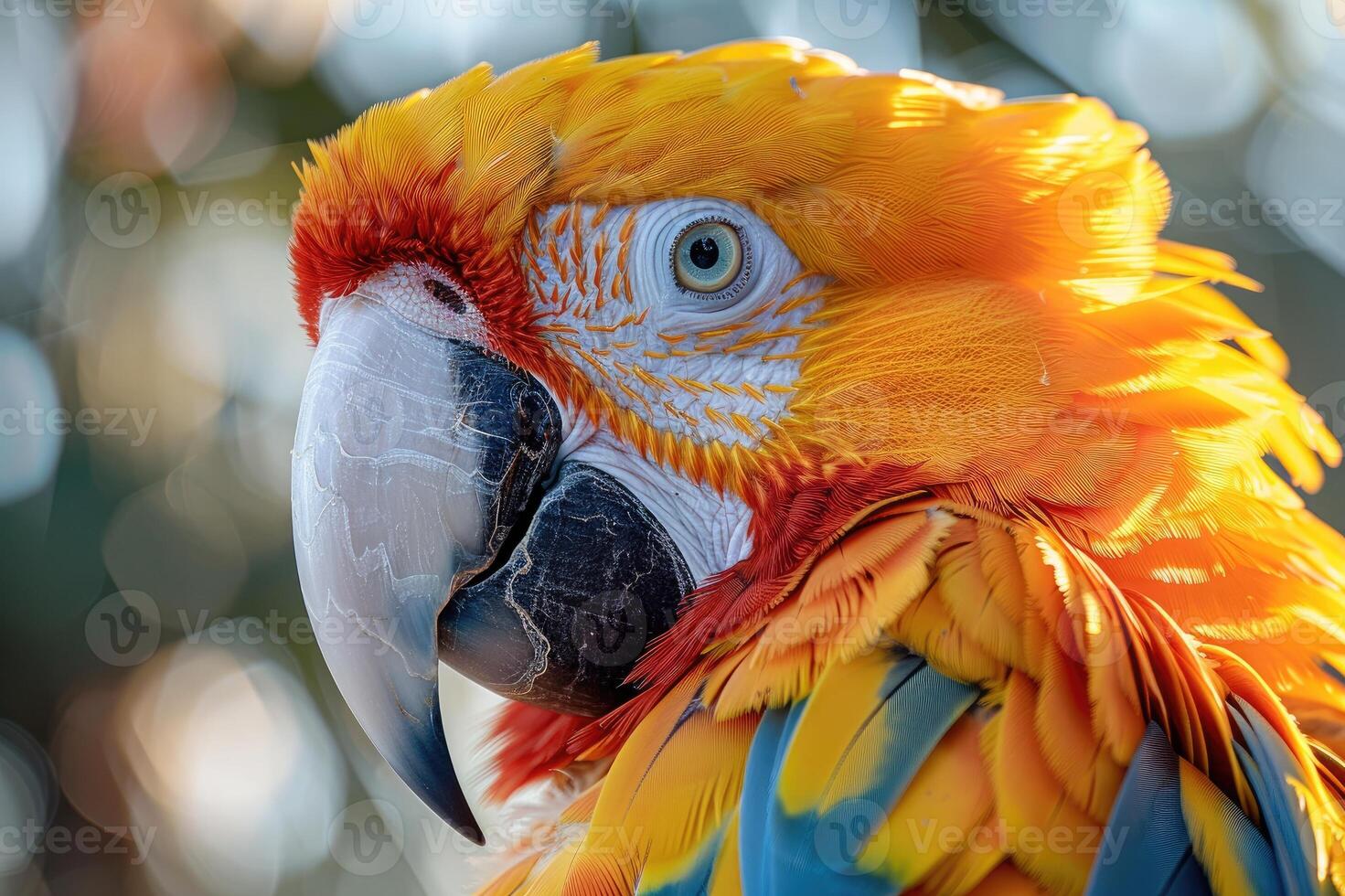 Parrot with colorful feathers in profile view against background. photo