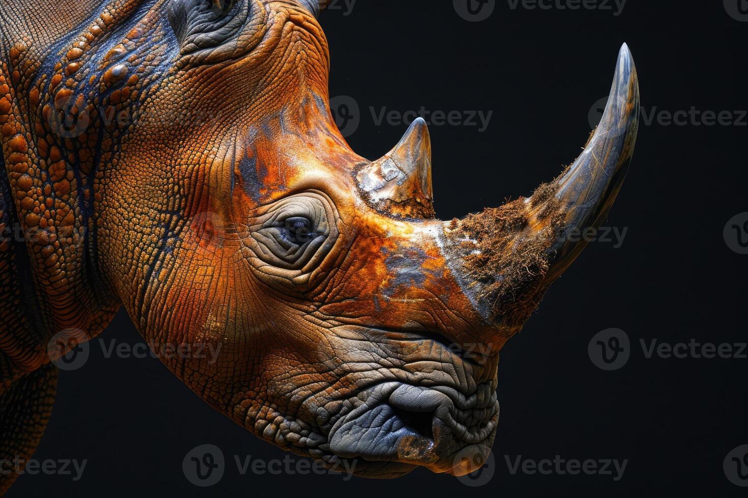 Close-up of a rhinoceros with detailed horns and skin with dark background photo