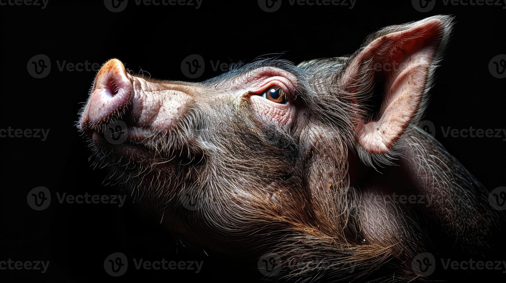 Close-up of a cute piglet with black background. photo