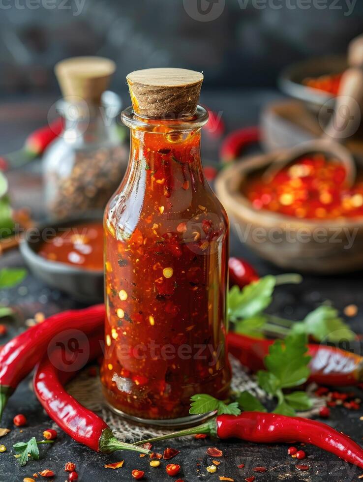 Bottle of spicy sauce with red hot chili pepper. photo