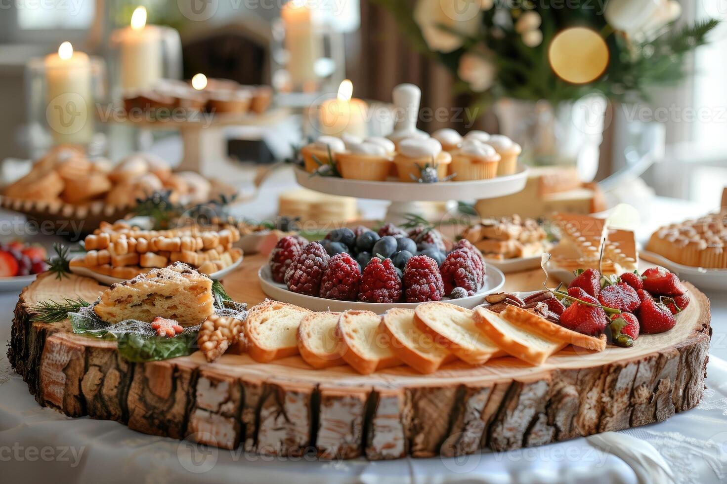 A beautifully arranged outdoor buffet table featuring a vibrant assortment of fruits, vegetables, and various appetizers, ideal for a garden party or special event. photo