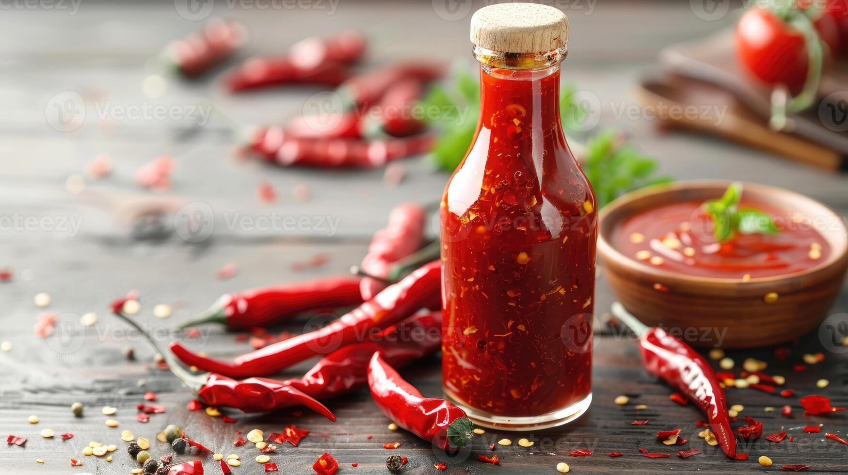 Bottle of spicy sauce with red hot chili pepper. photo