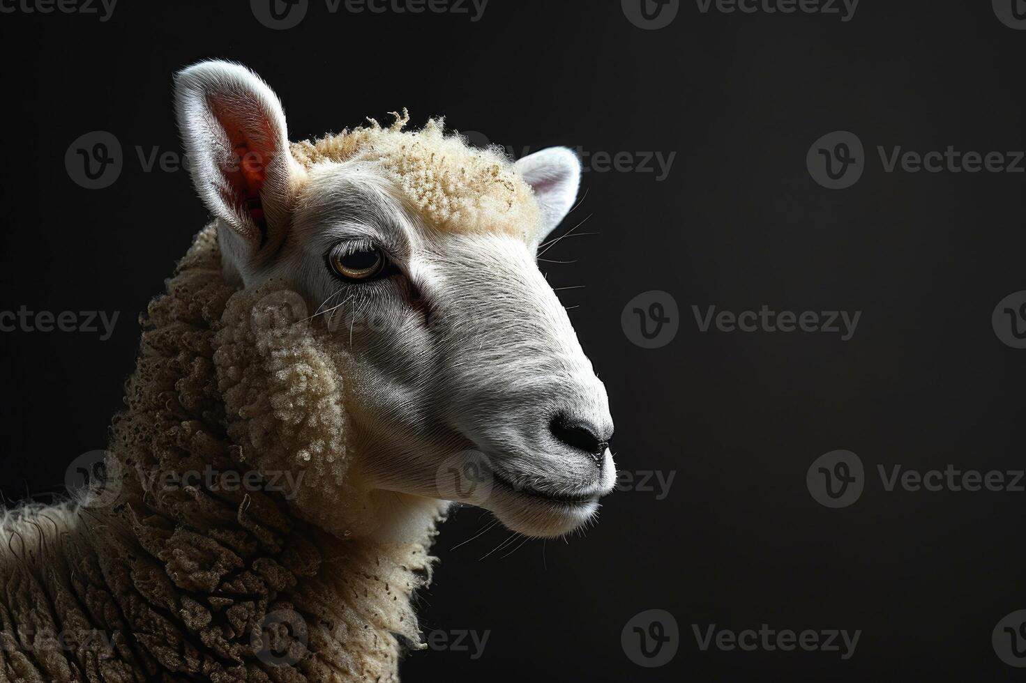 Close-up of sheep with curly wool on dark background. photo
