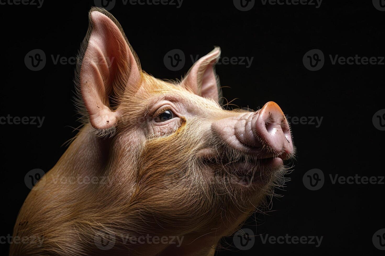Close-up of a cute piglet with black background. photo