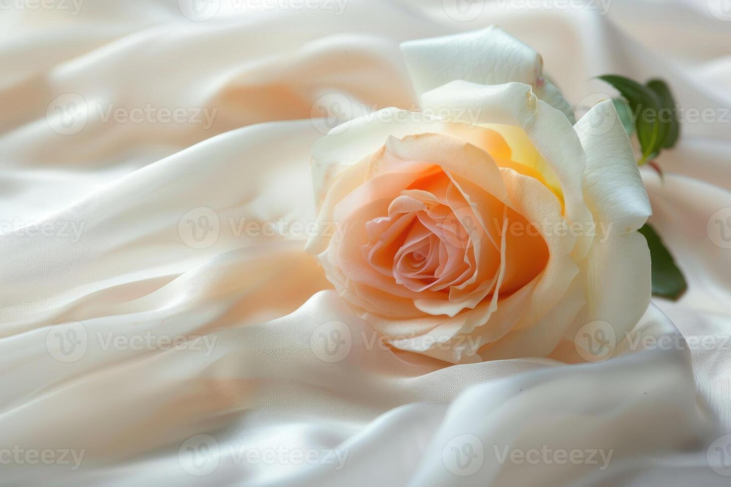 An exquisite rose is elegantly placed on a smooth, flowing silk fabric backdrop photo