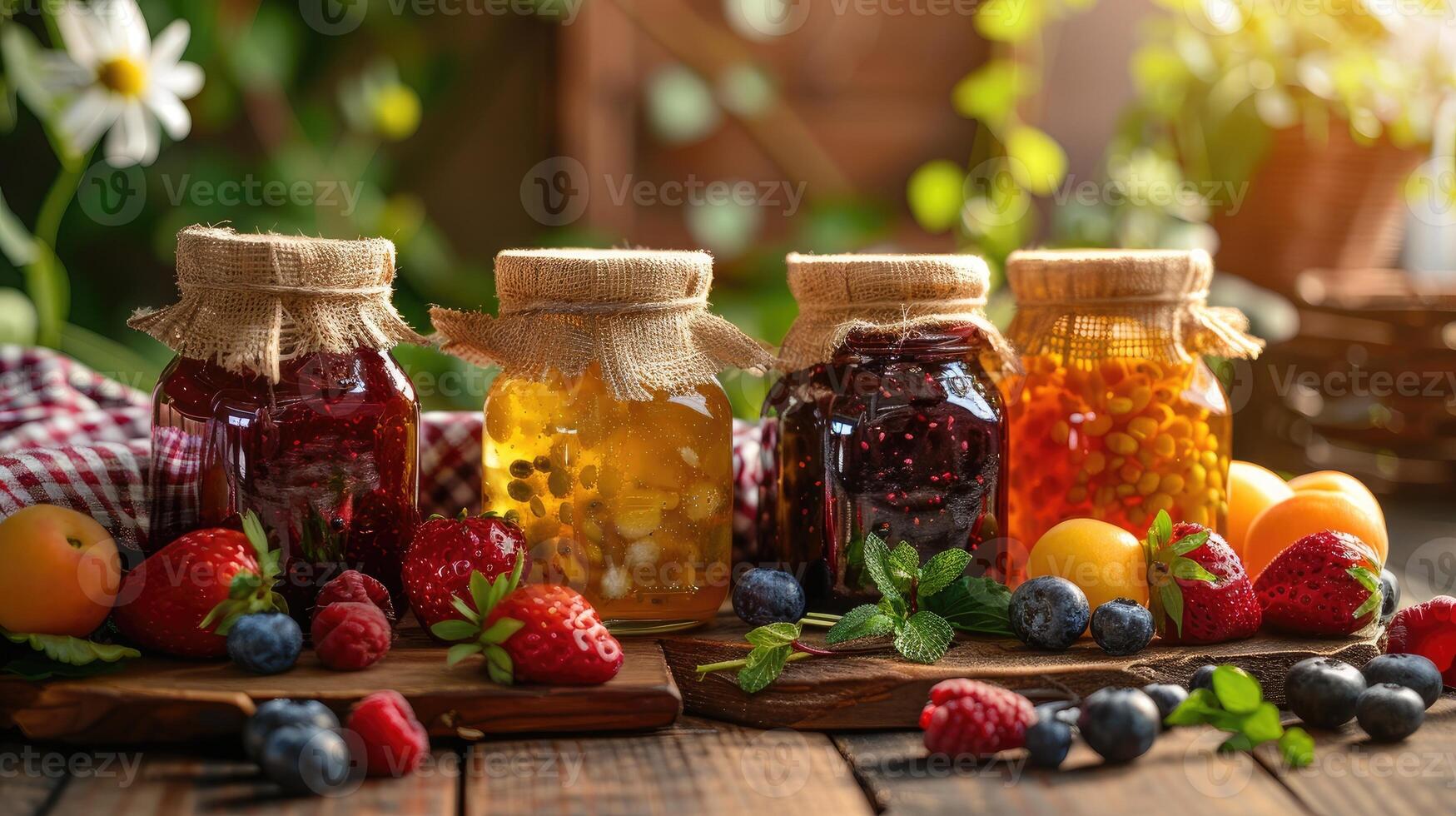Homemade jams in jars with fruits photo