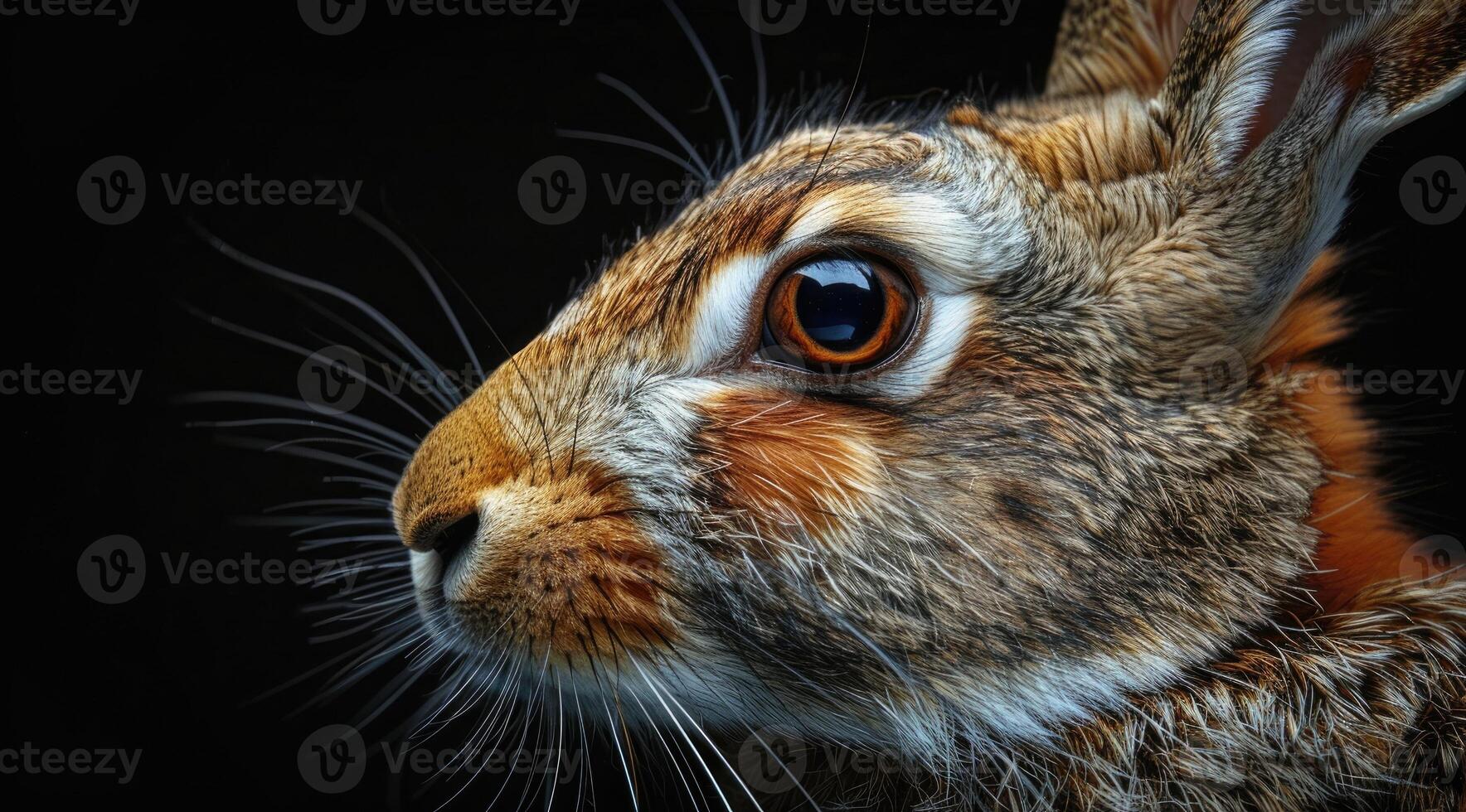 Close-up of a rabbit with a black background, profile view photo