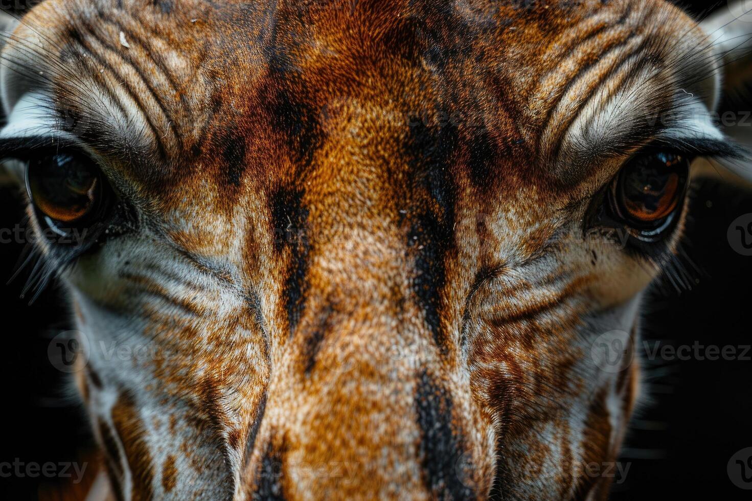 Close-up of a giraffe's face against black background. photo